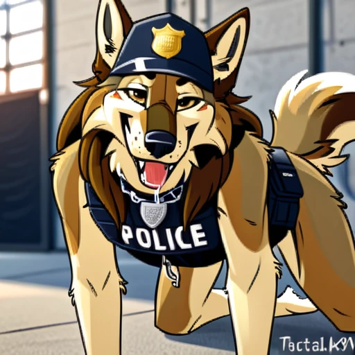 Long haired wolfdog, tactical k-9 armoured vest, black leather collar, chain collar, badge, police baseball cap, drooling saliva, anthro, furry, all fours, very body fur, three tone fur, Looking at viewer, Smile, Open Mouth, Very Long Hair, saddleback tan and white 