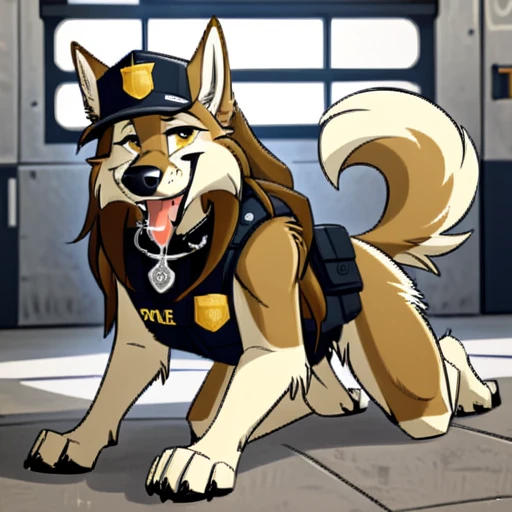 Long haired wolfdog, tactical k-9 armoured vest, black leather collar, chain collar, badge, police baseball cap, drooling saliva, anthro, furry, all fours, very body fur, three tone fur, Looking at viewer, Smile, Open Mouth, Very Long Hair, saddleback tan and white 