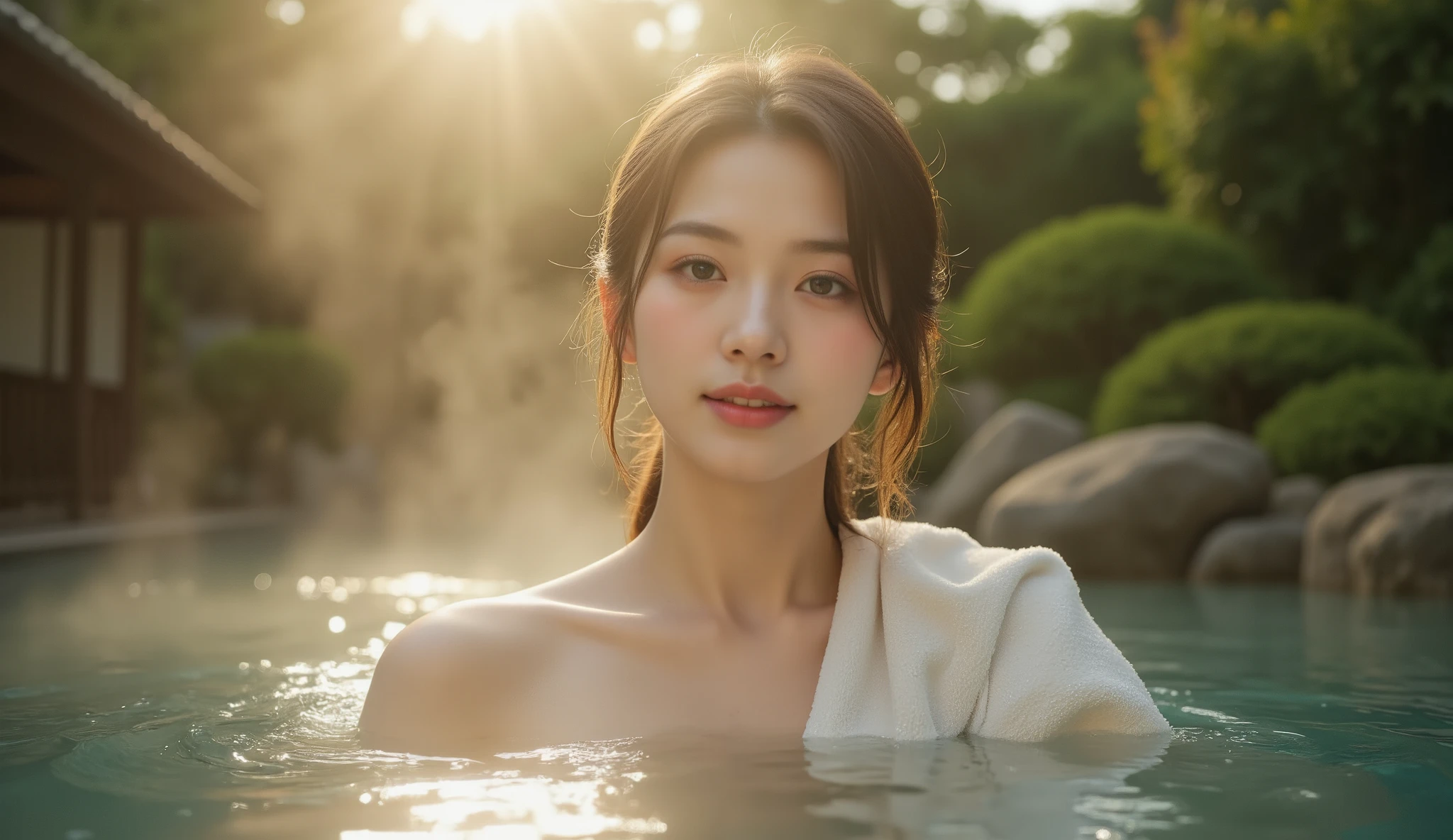 (night:1.8), oriental architecture, 1 woman, ((hot spring, onsen:1.4)), moist skin, ((fog:2.0)), (steam rising:1.8), glowing skin, glossy skin, ((partially submerged in hot spring:1.4)),  some cleavage is visible. ((Wet towel:1.3) , perfect eyes,perfect face,（smile：0.4），official artwork，Very detailed CG Unity 8k wallpaper、bright_front_face_lighting，（tmasterpiece:1.0），(best_quality :1.0),ultra high resolution,4k,detailed detail,high resolution of,8k,nffsw,high resolution,absurderes:1.2,kodak portra 400,film grain,lens flare glow,（beautiful_face:1.4），8k,raw footage,(outdoor bath drawn wider:1.4) ,(wet hair:1.3),((beautifully depicts depth and width:1.3)),((The outdoor bath is surrounded by a Japanese garden and large rocks, with only two small lights.:1.3)), ((smooth white skin: 1.3)),