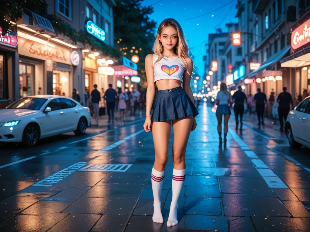 night street standing nude pretty young girl with cute face, high knee socks, micro skirt