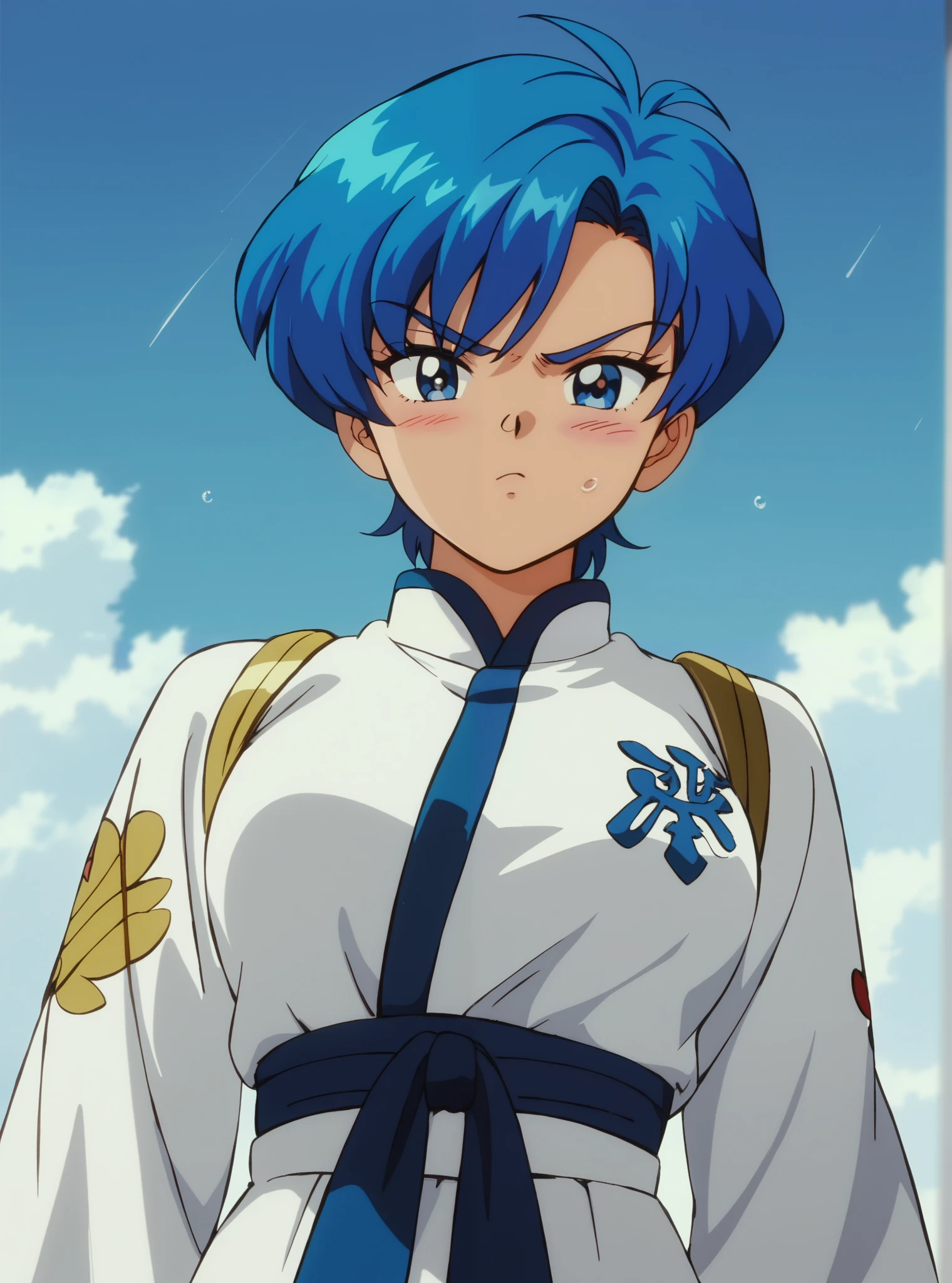 Young woman drawn in 80’s anime art style. 
 Retro anime . Vintage Anime. Classical Anime. 
Black Blue HAIR
Streaked Hair
She has perfectly Round and Circle eyes. 
Blue eyes and Medium Sized Eyebrows. 
She is Tan Woman.
She has Large Breast
Small blush on cheek.
Annoyed

She is wearing a Ceremonial Buddhist Clothing.

Buddhist priest in ceremonial vestment.
With ho-mo (=robe) and shichijo-gesa (=seven-paneled Buddhist surplice).

(Cloudy) (Grey Sky) (Raindrops) (Rainy Sky)

(View from the Japanese School)

Solo