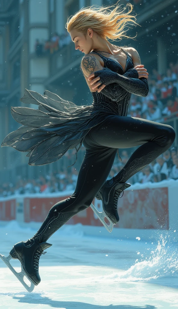 ((UHD, masterpiece, anatomically correct, super detail, high details, best quality,  highres icon, 8k)),  Figure Skating, (Apex of jump ,  crossed arms in front of chest and contracted,  slanted body ,  legs aligned , Fujicolor, Canon), 1man, Slim Man , Flowing blonde hair, Black Swan inspired costume, 8K wallpaper