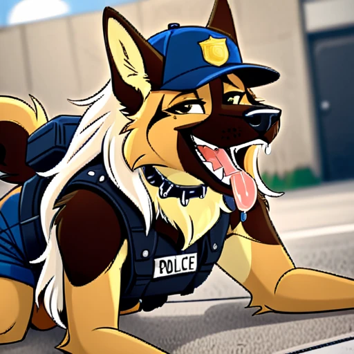 Long haired German shepherd, tactical k-9 armoured vest, black leather collar, chain collar, badge, police baseball cap, drooling saliva, anthro, furry, all fours, very body fur, three tone fur, Looking at viewer, Smile, Open Mouth, Very Long Hair, saddleback tan and white 