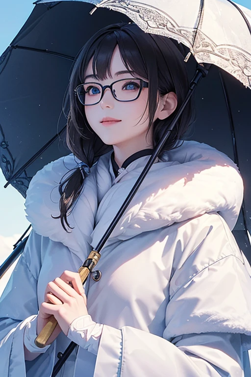 (( top quality)), ((傑 top quality、masterpiece、High sensitivity、 high definition 、 detailed description 、 Delicate Facial Description)), Slender woman、Glasses、Snow Temple 、 fluffy coat、 look up at the sky without holding up an umbrella、 smiles、