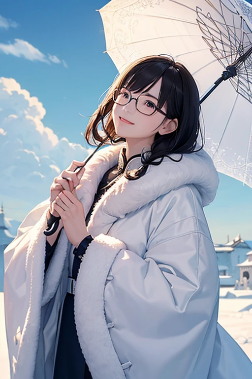 (( top quality)), ((傑 top quality、masterpiece、High sensitivity、 high definition 、 detailed description 、 Delicate Facial Description)), Slender woman、Glasses、Snow Temple 、 fluffy coat、 look up at the sky without holding up an umbrella、 smiles、