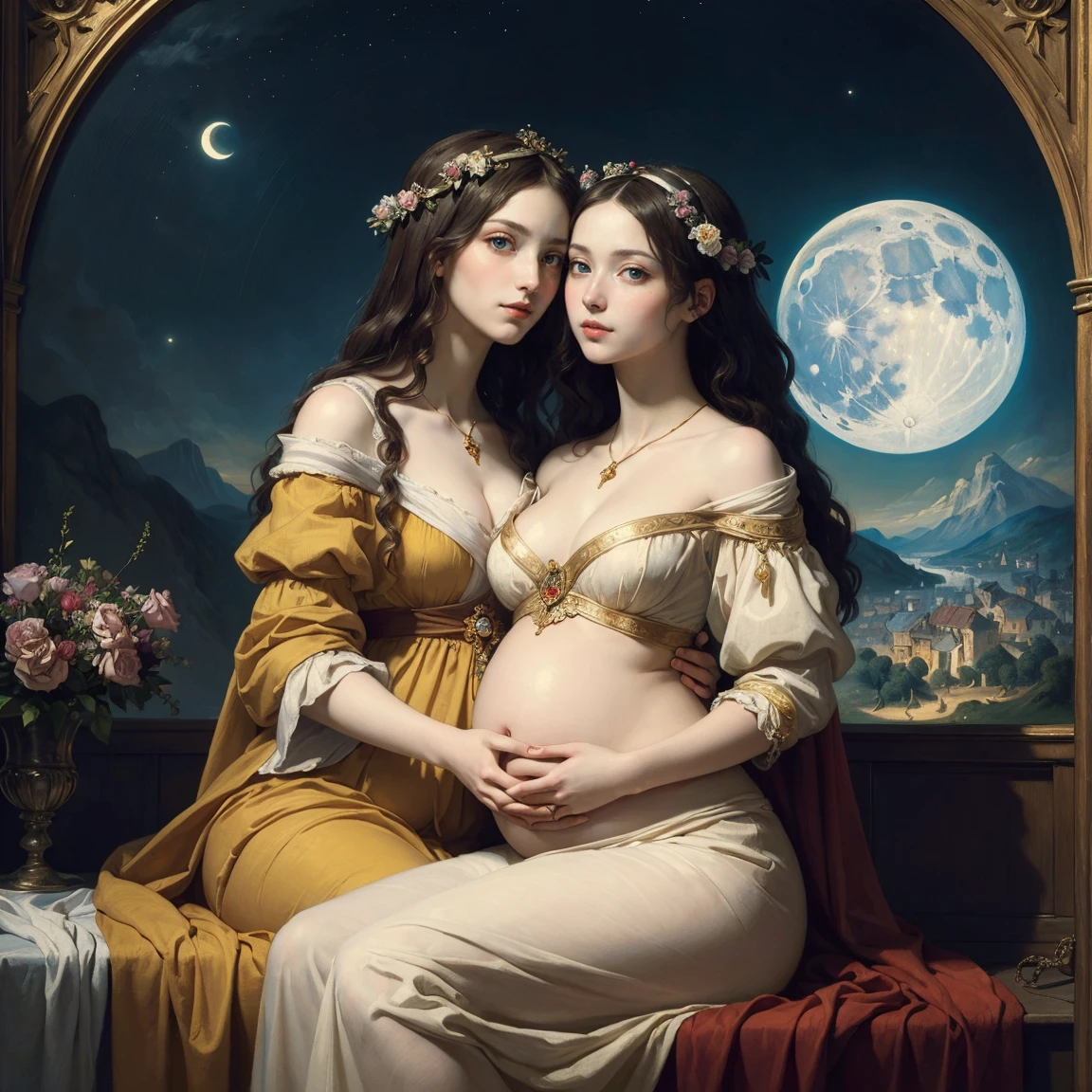 NSFW, (masterpiece, best quality:1.5), oil painting by Leonardo da Vinci and Alfons Maria Mucha, (perfect anatomy:1.2), two gorgeous and stunning pale-skinned young pregnant goddesses is deeply in love with each other, kiss, fantastic make-up, jewelry, flower, moonlight, magnificent panorama view