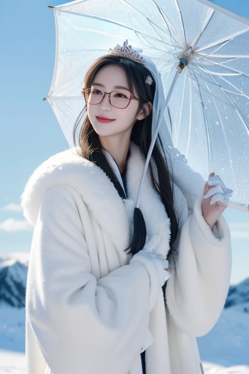 (( top quality)), ((傑 top quality、masterpiece、High sensitivity、 high definition 、 detailed description 、 Delicate Facial Description)), Slender woman、Glasses、Snow Temple 、 fluffy coat、 look up at the sky without holding up an umbrella、 smiles、