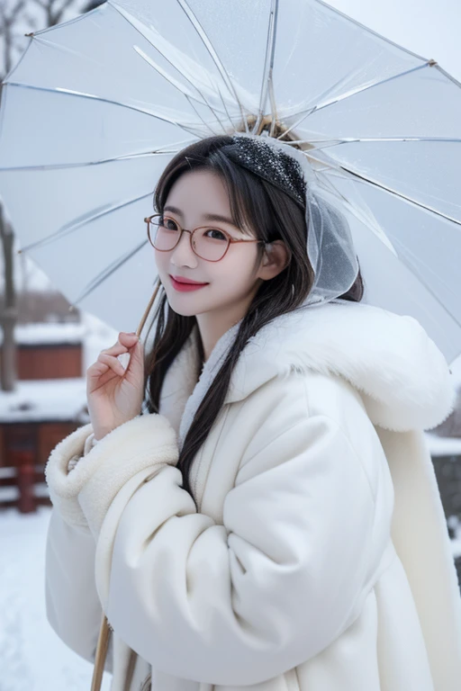 (( top quality)), ((傑 top quality、masterpiece、High sensitivity、 high definition 、 detailed description 、 Delicate Facial Description)), Slender woman、Glasses、Snow Temple 、 fluffy coat、 look up at the sky without holding up an umbrella、 smiles、