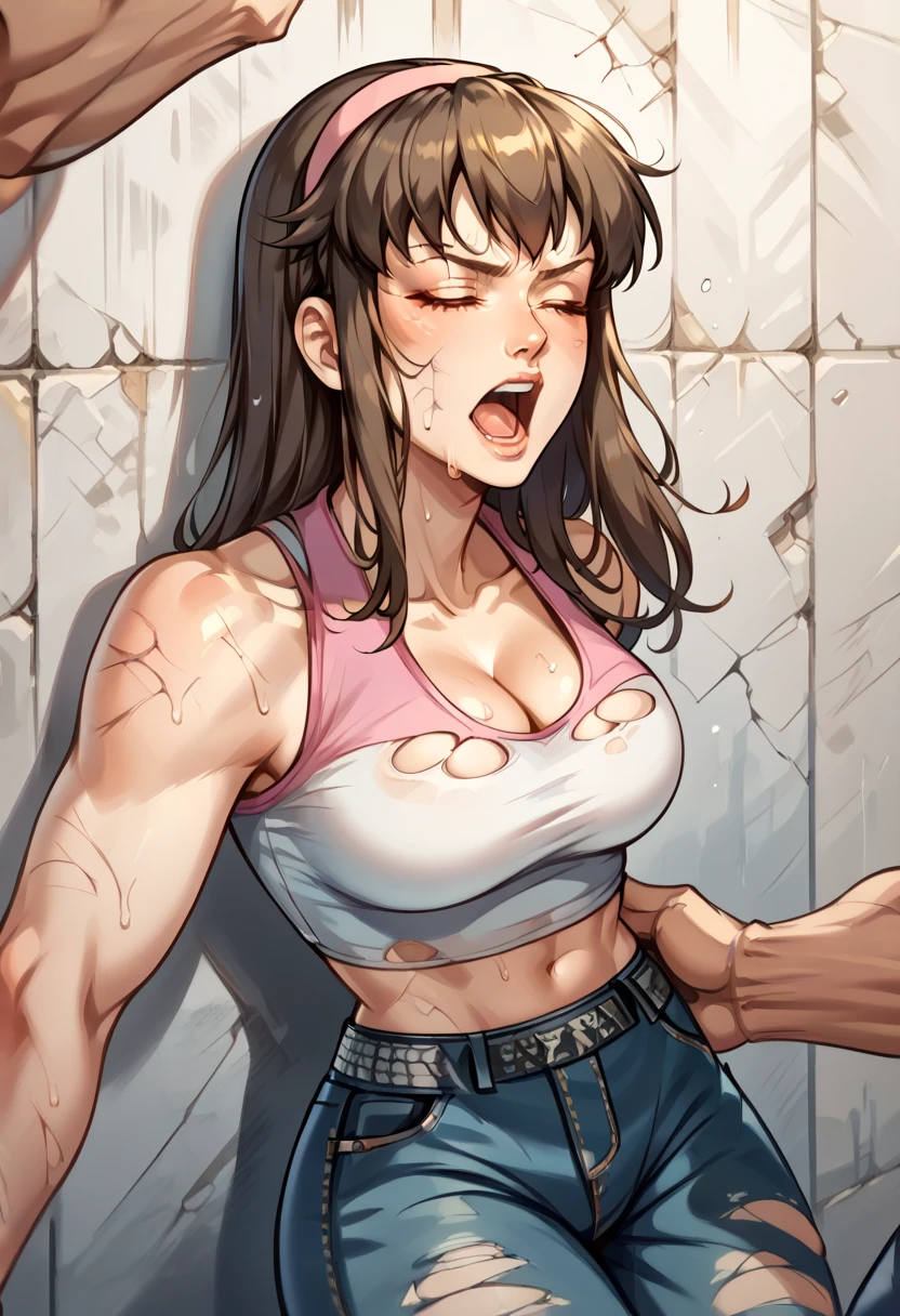 HitomiDOA, beautiful athletic 20 year old woman with pale skin and pretty face and ((long dark brown hair)) and medium round breasts and slender body wearing a tight white sleeveless crop top with pink trim and blue jeans and a pink hair band, ((cleavage showing)), standing outdoors, leaning back, leaning against a wall, arms pressed back against the wall, eyes closed and mouth open, ((clothes ripped)), short ripped, sweaty, dirty, hurt, lots of skin showing through her clothes, ((head tilted back)), a male opponent out of frame is punching the girl, ((someone else's fist is touching the girl's body)), (((punching)))