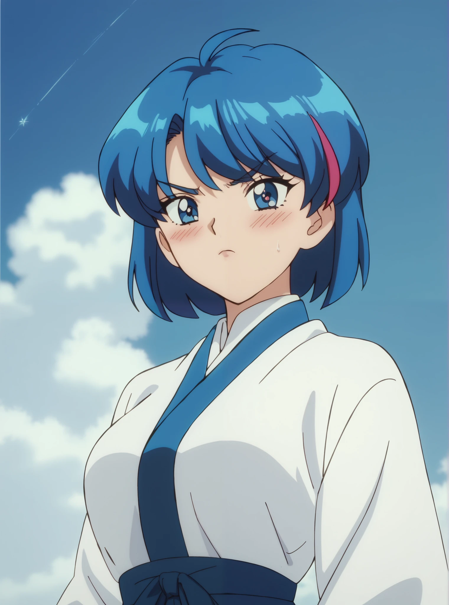 Young woman drawn in 80’s anime art style. 
 Retro anime . Vintage Anime. Classical Anime. 
Black Blue HAIR
Streaked Hair
She has perfectly Round and Circle eyes. 
Blue eyes and Medium Sized Eyebrows. 
She is Tan Woman.
She has Large Breast
Small blush on cheek.
Annoyed

She is wearing a Ceremonial Buddhist Clothing.

Buddhist priest in ceremonial vestment.
With ho-mo (=robe) and shichijo-gesa (=seven-paneled Buddhist surplice).

(Cloudy) (Grey Sky) (Raindrops) (Rainy Sky)

(View from the Japanese School)

Solo