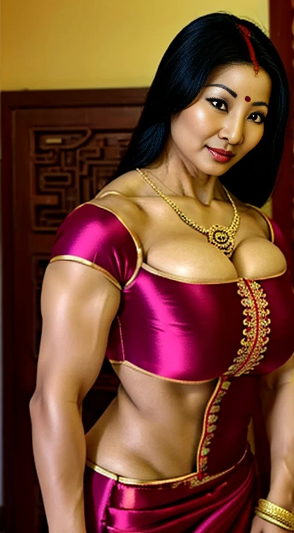 Bodybuilder, chinese female, mother in law, mature, 70 year old, busty, bimbo , sexy, indian ethnic wear, indian jewellery