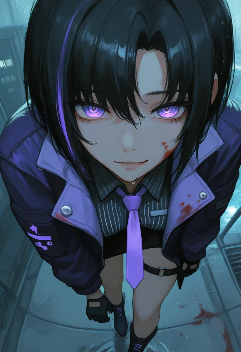 (1girl),(solo),black hair,streaked_hair,jiale\(asoul\),jialenocoat,
748cm,
mature female,tall female,medium breasts,purple_jacket,open_jacket,open_clothes,black_jacket,striped_shirt,single_glove,purple_necktie,
wet hair,(fisheye:1.2),from above,close-up,dutch angle,detailed eyes,ringed eyes,(staring sulking:1.2),smug,looking at viewer,:\/,leaning forward,(blood on face:1.2),(blood on clothes:1.2),traditional media,eyes on background,horror theme,detailed background,blurry foreground,floating particles,dim lighting,full body,thigh_strap,high_heel_boots,
cybernetic features,mechanical parts,cracks on face,cracks on body,metallic limbs,glowing cybernetic veins,mechanical enhancements,shattered skin,exposed machinery,dystopian feel,
glowing neon signs,vibrant neon blues,purples,reds,wet street reflecting lights,rain drops,somber mood,city in the background,water puddles,reflective surfaces,dramatic lighting,low light atmosphere,foggy haze,cool tones,high-tech urban feel,cinematic lighting,best quality,amazing quality,very aesthetic,absurdres,masterpiece,newest,
glowing eyes,crak on face,mechanical girl,broken face,