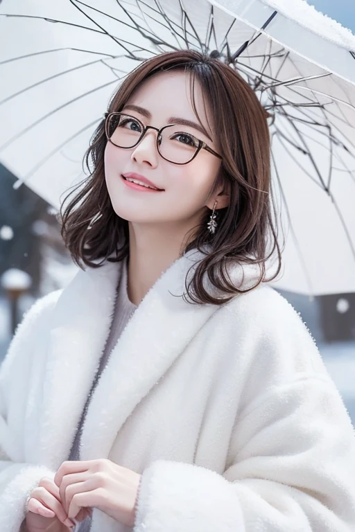 (( top quality)), ((傑 top quality、masterpiece、High sensitivity、 high definition 、 detailed description 、 Delicate Facial Description)), Slender woman、Glasses、Snow Temple 、 fluffy coat、 look up at the sky without holding up an umbrella、 smiles、