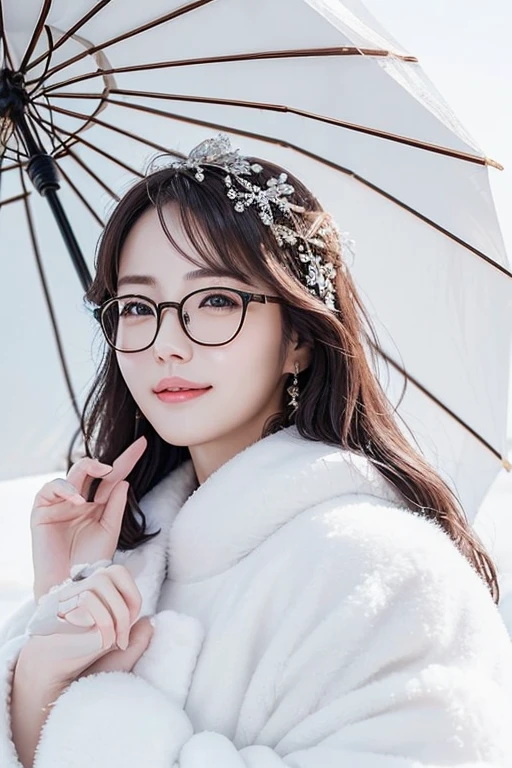 (( top quality)), ((傑 top quality、masterpiece、High sensitivity、 high definition 、 detailed description 、 Delicate Facial Description)), Slender woman、Glasses、Snow Temple 、 fluffy coat、 look up at the sky without holding up an umbrella、 smiles、