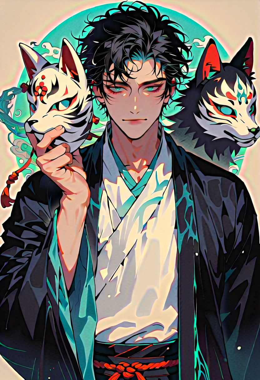 style2,solo,1boy (black hair, blue eyes, handsome face),holding a fox mask