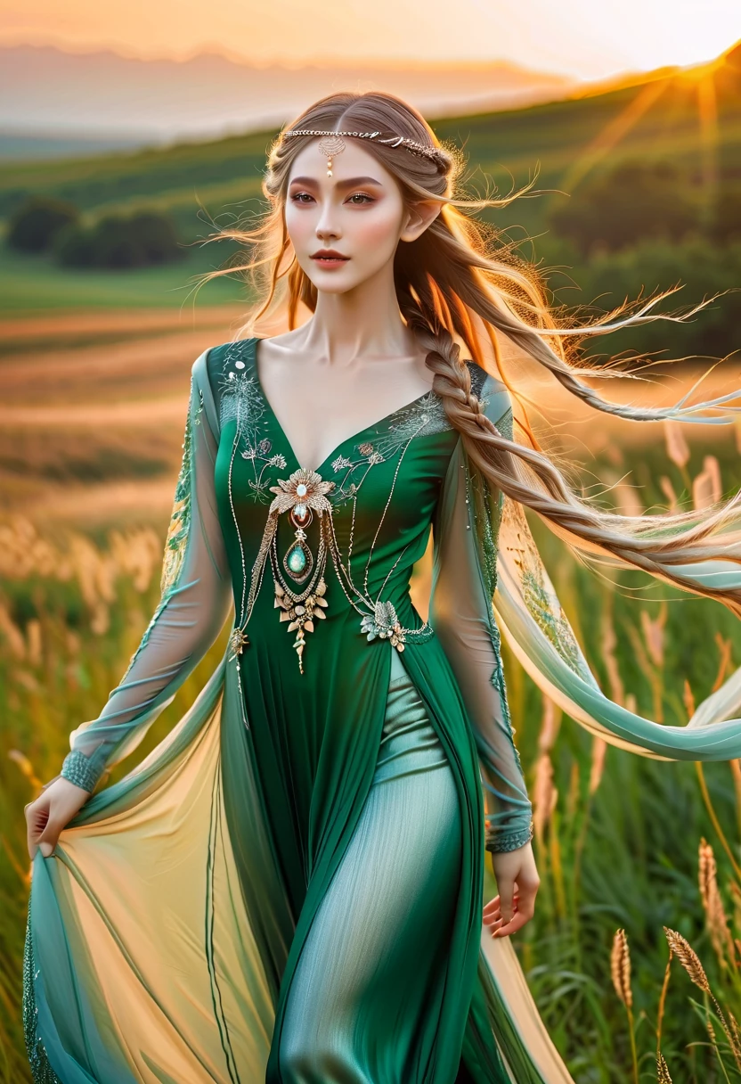 Graceful elven girl standing in meadow, Delicate face illuminated by the soft light of the setting sun. Her long, Flowing hair runs down your back, Decorated with intricate braids、Adorned with sparkling gemstones. This great photo is、、、It captures the ethereal beauty of elves. Slender figure in silk dress、Swaying in the soft steppe breeze. Attention to detail、Face that is、Face that is、Face that is、Face that is、It is evident in the intricate patterns of the dress and the subtle highlights of the luminescence. skin. The breathtaking portrayal of the elven girl is、、、、、Create an enchanting atmosphere、It invites the viewer to a magical world. emerald green hair color and eye,