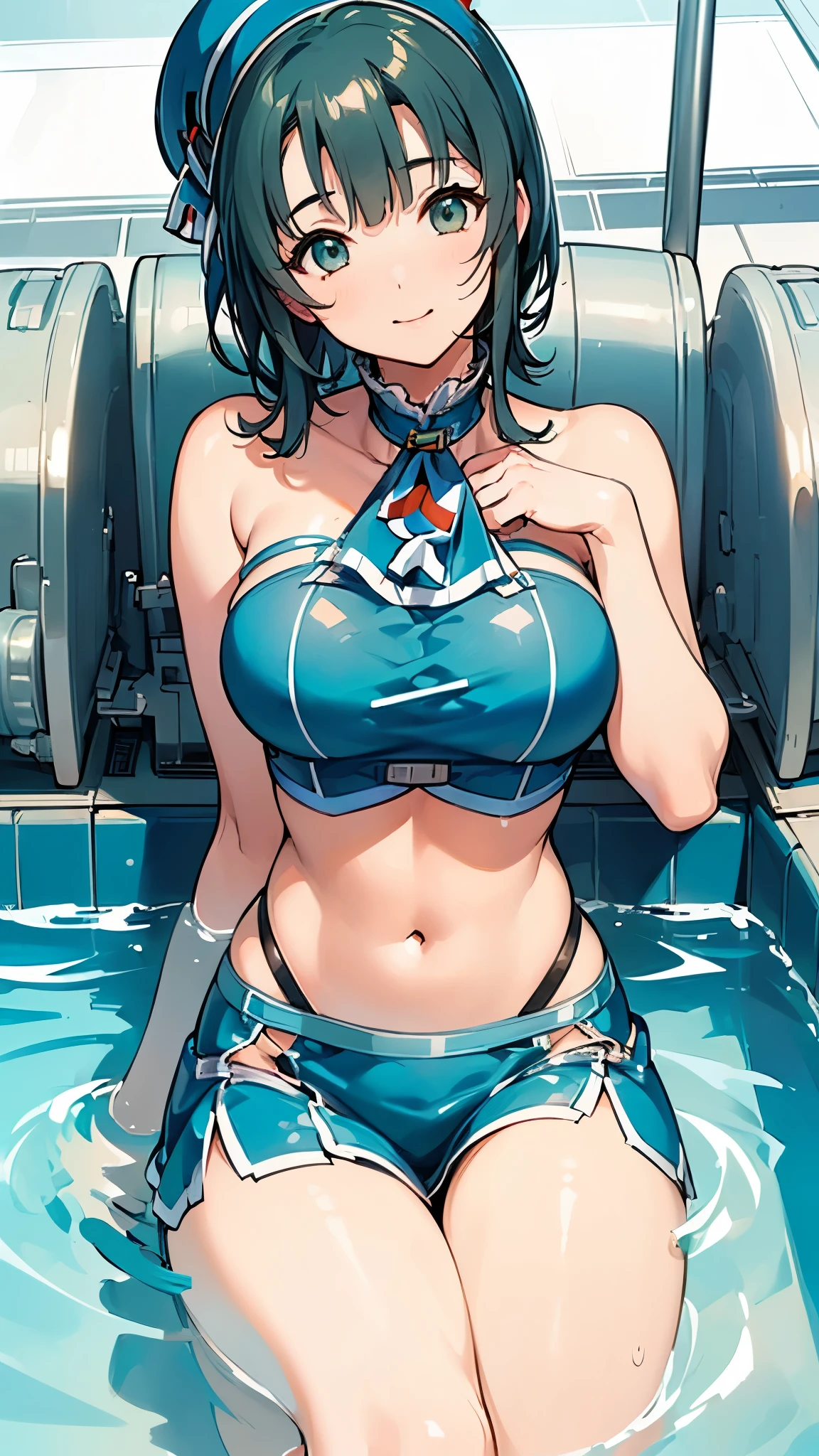 (((masterpiece))),((( high definition )))、((( perfect face)))、(((Takao Kancolle )))、Age 25、((( beautiful face)))、((( tube top ))), big 、(( high quality eyes )),  detailed texture, (( high definition 顔)), Sexy smile, At the pool,  short hair
