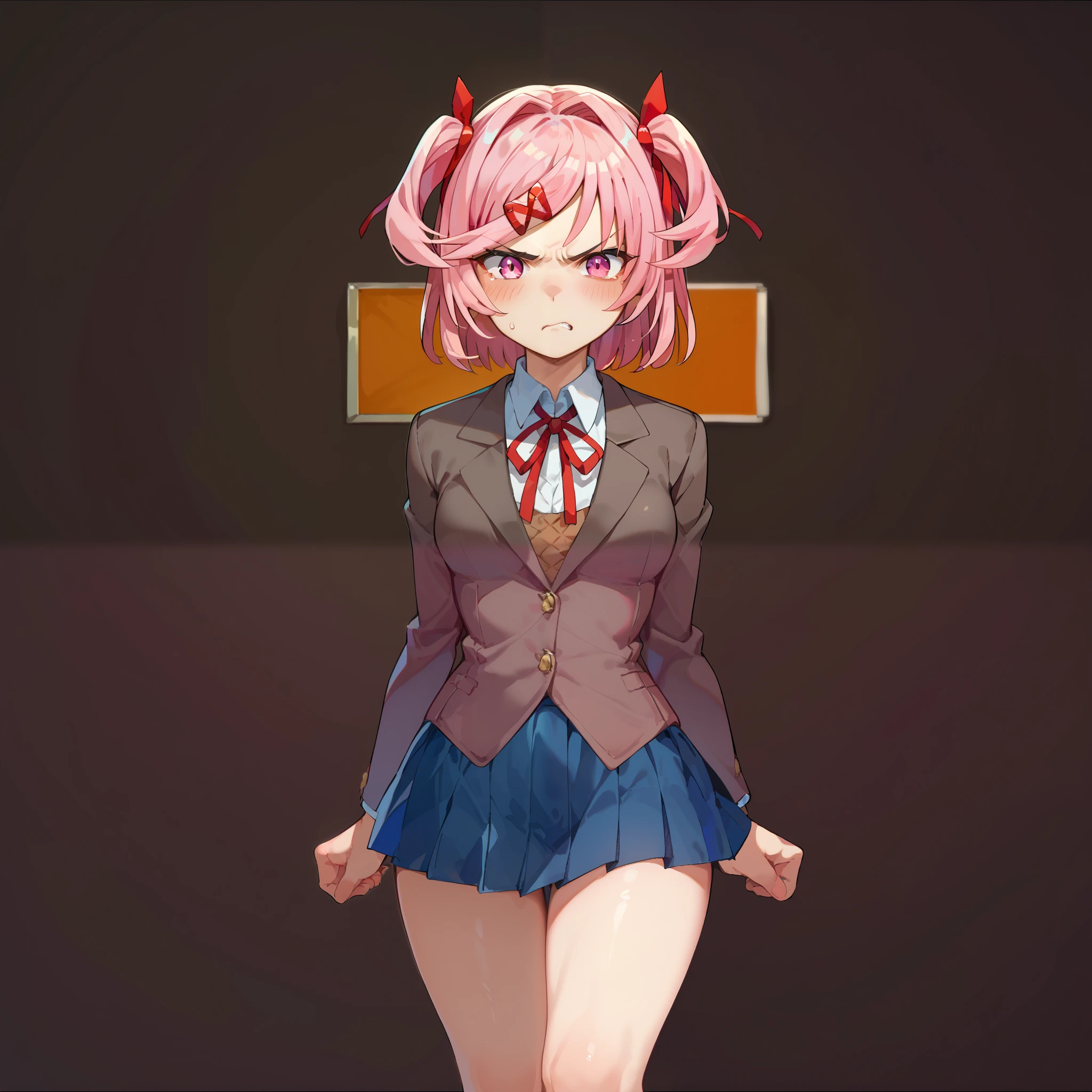 1girl, solo, natsuki, pink hair, pink eyes, two side up, x hair ornament, medium breasts, wide hips, thighs, blazer, neck ribbon, collared shirt, blue skirt, blushed, angry, cute, standing, looking at viewer, simple background, from the front view