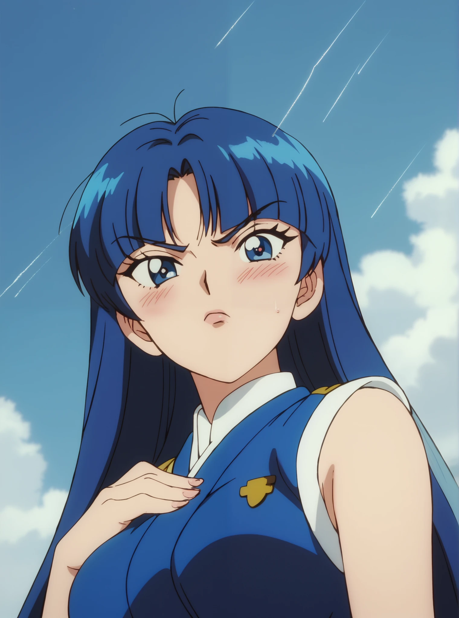 Young woman drawn in 80’s anime art style. 
 Retro anime . Vintage Anime. Classical Anime. 
Black Blue HAIR
Hime Cut
She has perfectly Round and Circle eyes. 
Blue eyes and Medium Sized Eyebrows. 
She is Tan Woman.
She has Large Breast
Small blush on cheek.
Annoyed

She is wearing a Ceremonial Buddhist Clothing.

Buddhist priest in ceremonial vestment.
With ho-mo (=robe) and shichijo-gesa (=seven-paneled Buddhist surplice).

(Cloudy) (Grey Sky) (Raindrops) (Rainy Sky)

(View from the Japanese School)

Solo