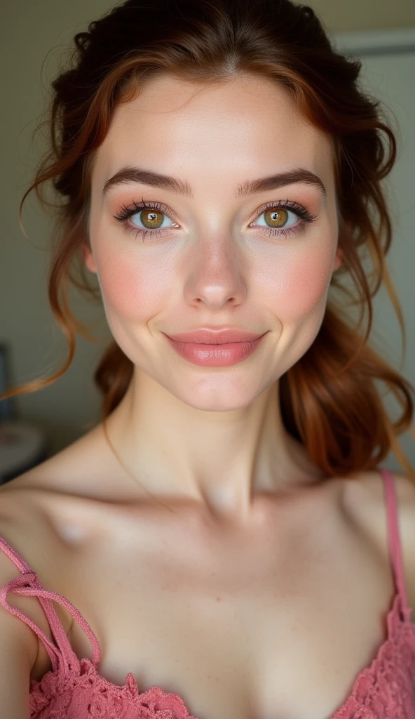 a close up of a woman with a white shirt and red hair, portrait sophie mudd, brown hair and large eyes, light freckles, photorealistic beautiful face, very light freckles, light cute freckles, pokimane, lovely delicate face, freckled pale skin, perfect natural skin tones, high quality portrait, beautiful delicate face, soft freckles, beautiful fine face features