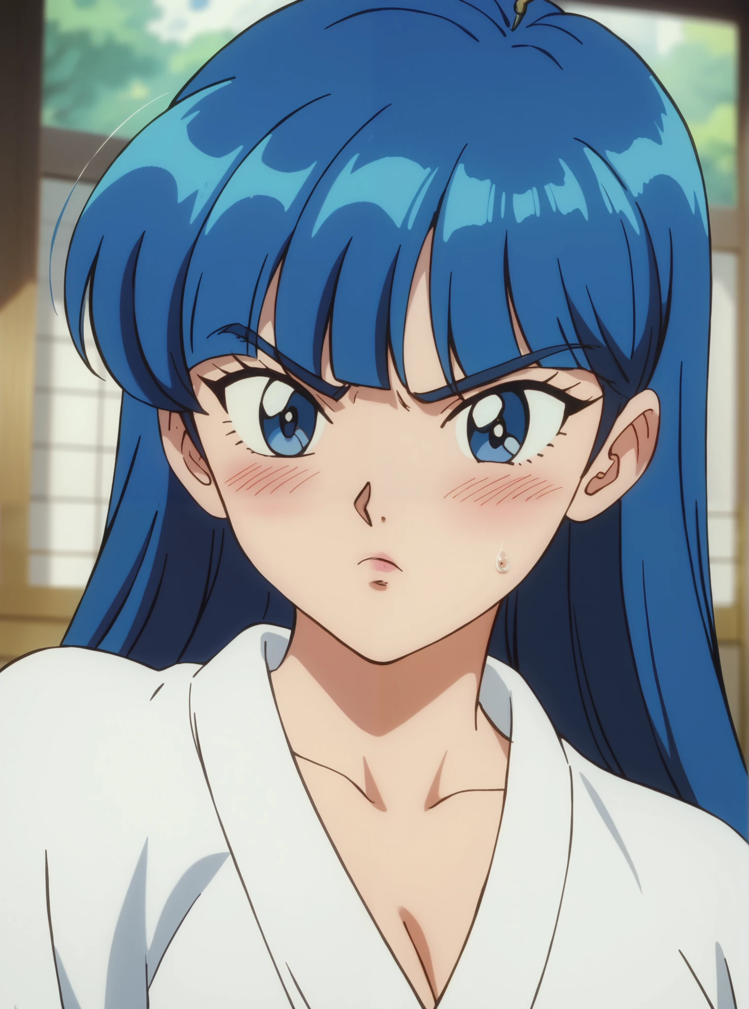 Young woman drawn in 80’s anime art style. 
 Retro anime . Vintage Anime. Classical Anime. 
Black Blue HAIR
Hime Cut
She has perfectly Round and Circle eyes. 
Blue eyes and Medium Sized Eyebrows. 
She is Tan Woman.
She has Large Breast
Small blush on cheek.
Annoyed

She is wearing a Ceremonial Buddhist Clothing.

Buddhist priest in ceremonial vestment.
With ho-mo (=robe) and shichijo-gesa (=seven-paneled Buddhist surplice).

(Raindrops) (Rainy Sky)

(View from the Japanese School)

Solo