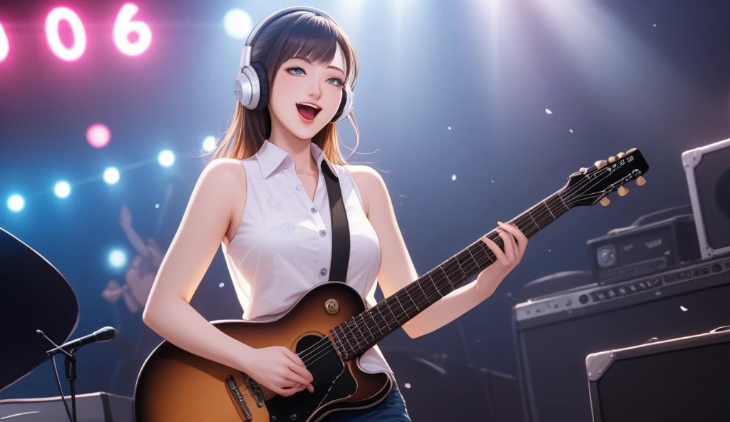 Masterpiece, 8K, professional photography of a Korean woman with beautiful blue eyes, a cheerful-looking face wearing a bold pink collared shirt with a flowery pattern with the buttons wide open and the left side of the shirt down. She is wearing white sleeveless casual underwear with bare shoulders and black and white headphones. Wearing short cargo pants, she plays a guitar and sings a song as she walks in the bustling city of Shibuya/Japan. with the focus on her and her surroundings seemingly blurred. Her mouth is open as if she's singing a song, singing a song.