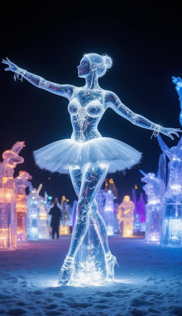 A giant ice sculpture of a ballerina shot from a low angle. It is shine with colorful light from below. It is displayed beautifully among other sculptures in the Harbin festival at night.