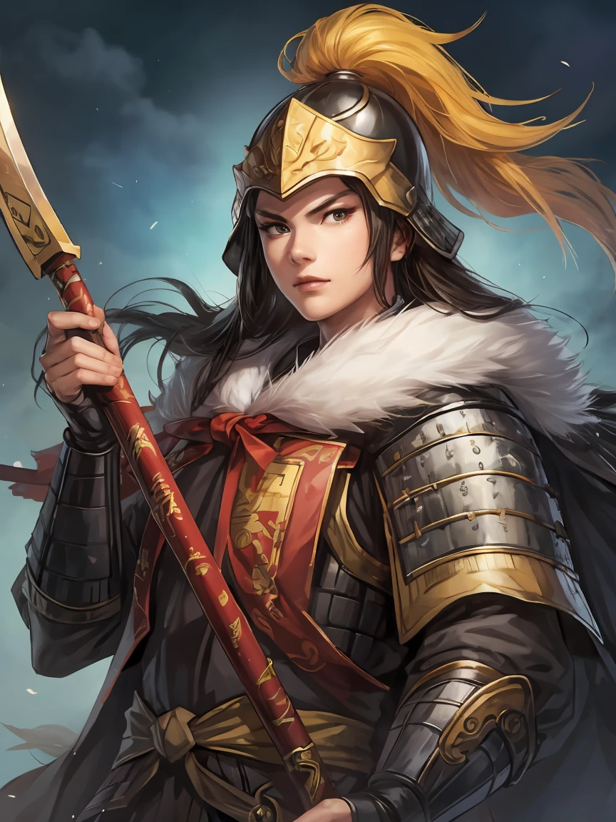 Chinese warlords、 has a long spear、、 black armor、 watching viewers、 One Man、 Max Image、 best shadows、Chinese Armor、 holds a spear、Iron Helmet 、A bold face、 perfect face