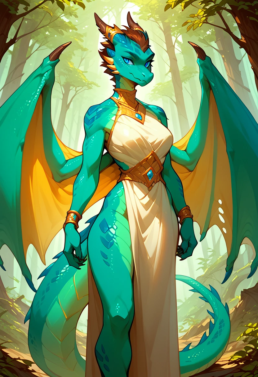 score_9,score_8_up,score_7_up, 1girl, solo, furry, forest, dragon girl, short hair, brown hair, golden spikes, blue eyes, green scales, horns, dragon wings, anthro dragon, golden hirns, jewelry, standing, 