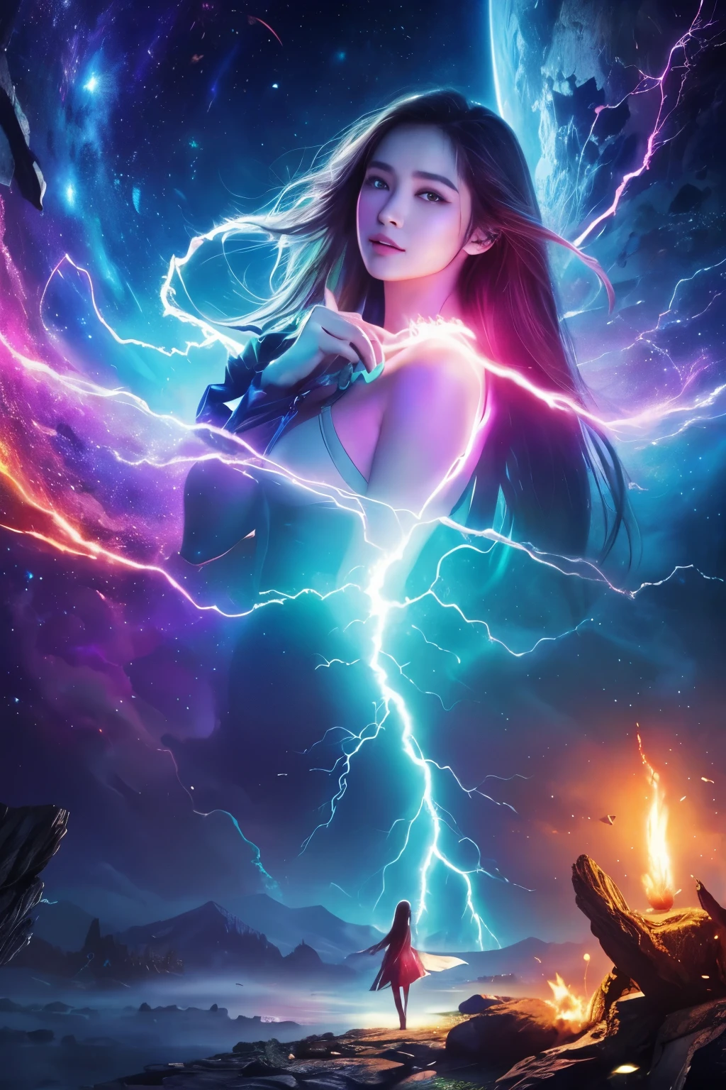 **Description for Cover:**
"Portray the dramatic moment in which the Co-creator, a female figure of fluid and ethereal energy, is at the epicenter of the creation of the universe. Show the colossal cosmic explosion, similar ao Big Bang, with a torrent of lights and energy radiating out. The Co-Creator must be a female entity with a fluid and luminous form., appearing to be made of pure light and energy that twists and dissolves.
His expression must be a mixture of horror and effort., highlighting his struggle to control the primordial force of the explosion. Detail how your fluidic form fragments and is pulled into the created vortex, symbolizing the failure to contain chaos and the inevitable fall into its own creation. Show the distortion and stretching of its shape as it is absorbed into the vortex.
The explosion around it must be intense and chaotic, with an explosion of bright, contrasting colors like blue, purple, red and gold, reflecting the magnitude and tumult of the event. Highlight the turbulent energy and light waves spreading through space.
Include details of the vortex in the center of the scene, showing the Co-creator being slowly sucked in, as the energy around you increases in intensity. The cover should capture the feeling of a cataclysmic event and the profound transformation of the Co-Creator, with a visual representation that combines drama and complexity."