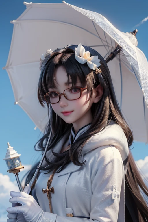 (( top quality)), ((傑 top quality、masterpiece、High sensitivity、 high definition 、 detailed description 、 Delicate Facial Description)), Slender woman、Glasses、Snow Temple 、 fluffy coat、 look up at the sky without holding up an umbrella、 smiles、