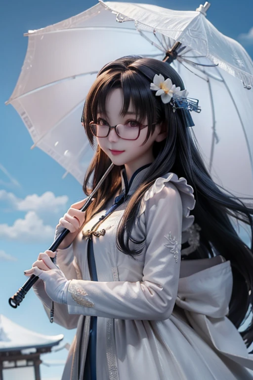 (( top quality)), ((傑 top quality、masterpiece、High sensitivity、 high definition 、 detailed description 、 Delicate Facial Description)), Slender woman、Glasses、Snow Temple 、 fluffy coat、 look up at the sky without holding up an umbrella、 smiles、