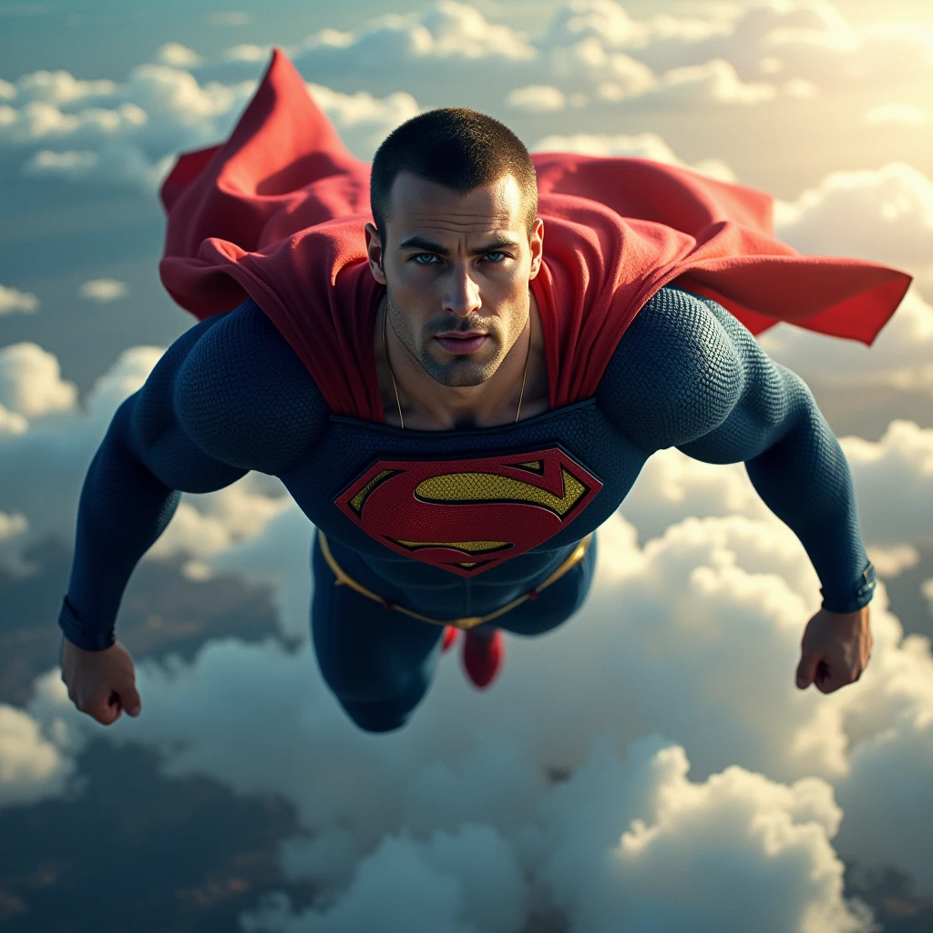  A muscular attractive c3v4n4 with an undercut haircut combed back, short beard, strong physique, muscular thighs, A powerful superhero, muscular young male figure, short beard, intense gaze, flying through the sky, The costume is a deep blue with a prominent red and yellow 'S' logo on the chest, and a red cape draped over his shoulders, cinematic lighting, dramatic shadows, vibrant colors, hyper-detailed, photorealistic, seamless 3D rendering, cinematic composition, heroic, epic, awe-inspiring