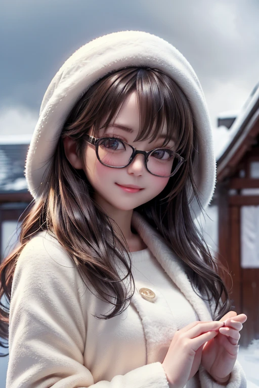 (( top quality)), ((傑 top quality、masterpiece、High sensitivity、 high definition 、 detailed description 、 Delicate Facial Description)), Slender woman、Glasses、Church of the Snow 、 fluffy coat、Look up at the snowy sky、 smiles、