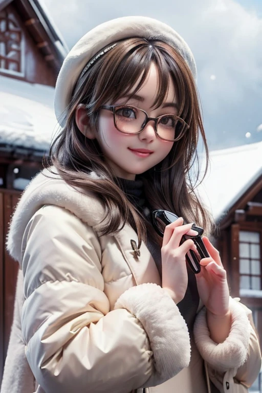 (( top quality)), ((傑 top quality、masterpiece、High sensitivity、 high definition 、 detailed description 、 Delicate Facial Description)), Slender woman、Glasses、Church of the Snow 、 fluffy coat、Look up at the snowy sky、 smiles、