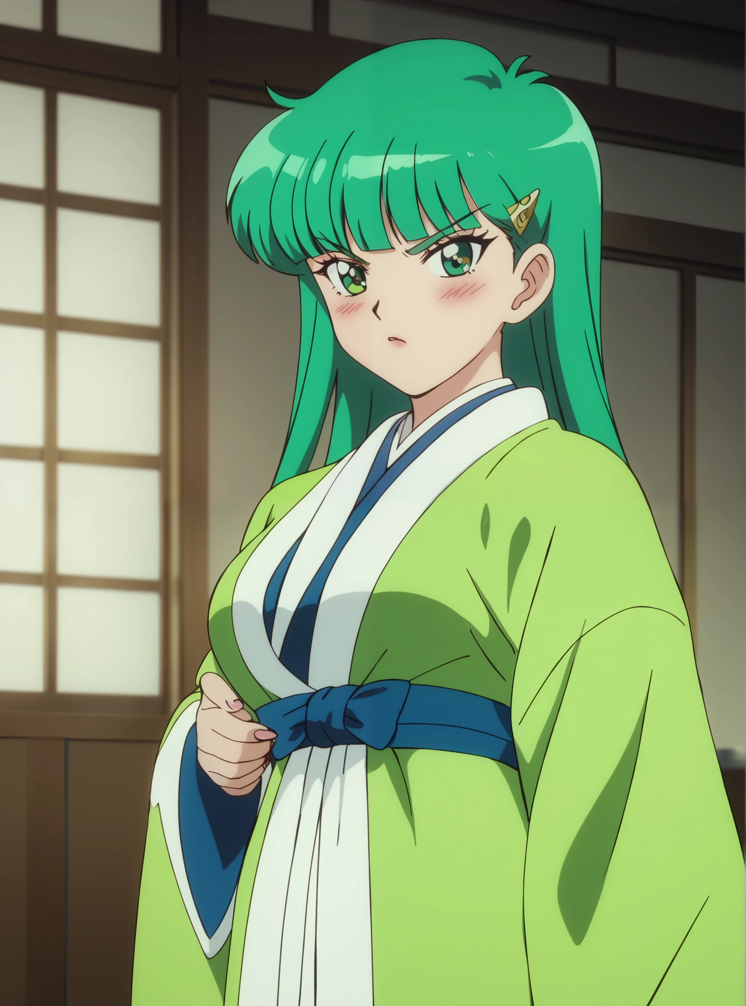 Young woman drawn in 80’s anime art style. 
 Retro anime  . Vintage Anime. Classical Anime. 
Black Green HAIR
Hime Cut
She has perfectly Round and Circle eyes. 
Green eyes and Medium Sized Eyebrows. 
She is Tan Woman.
She has Large Breast
Small blush on cheek.
Annoyed

She is wearing a jūnihitoe ( 12 single, lit. 'twelve layers'), more formally known as the itsutsuginu-karaginu-mo ( Clothing Accessories), is a style of formal court dress first worn in the Heian period by noble women and ladies-in-waiting at the Japanese Imperial Court.

The jūnihitoe was composed of a number of kimono-like robes, layered on top of each other, with the outer robes cut both larger and thinner to reveal the layered garments underneath. 
These robes were referred to as hitoe, with the innermost robe – worn as underwear against the skin – known as the kosode.

(Raindrops) (Rainy Sky) (School)

(Alone)