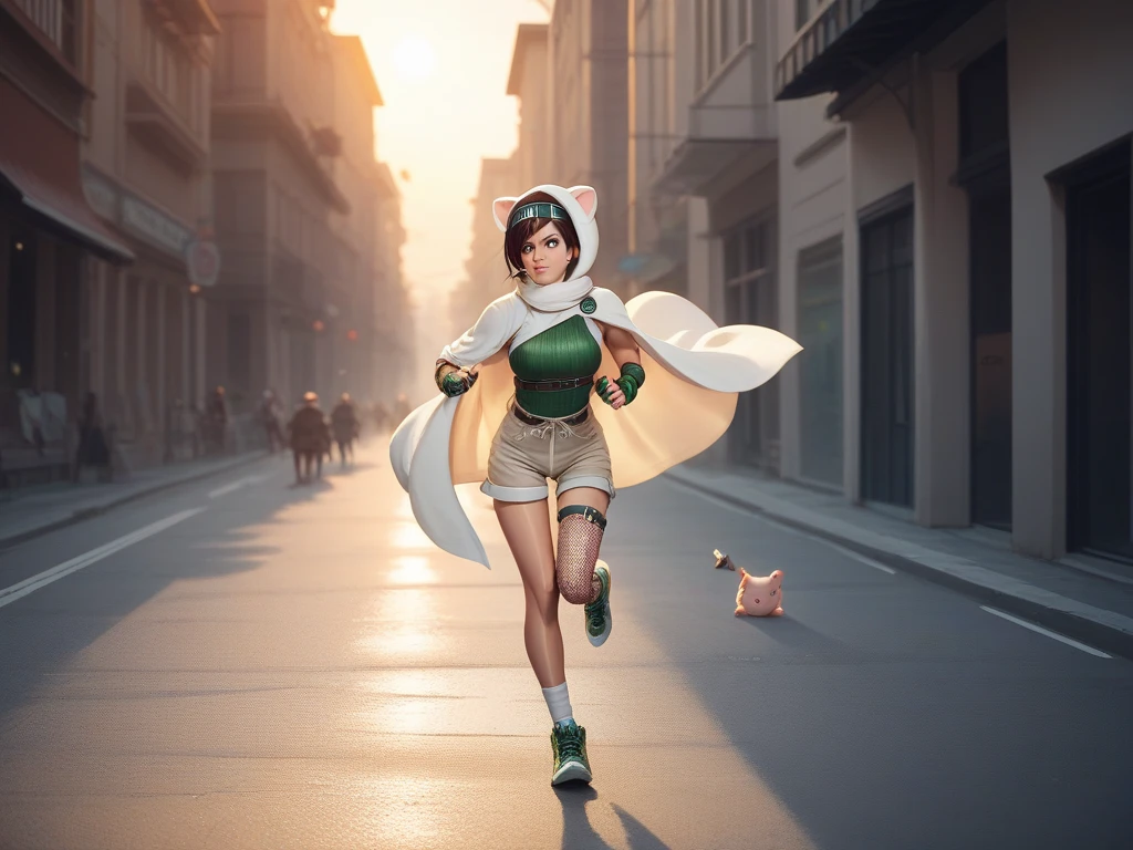 Yuffie Kisaragi running through the shadows ninja style with a sunset in the background, dynamic and fun image, headband, moogle, animal hood, white cloak, tan shorts, single thighhigh, fishnets, socks, sneakers