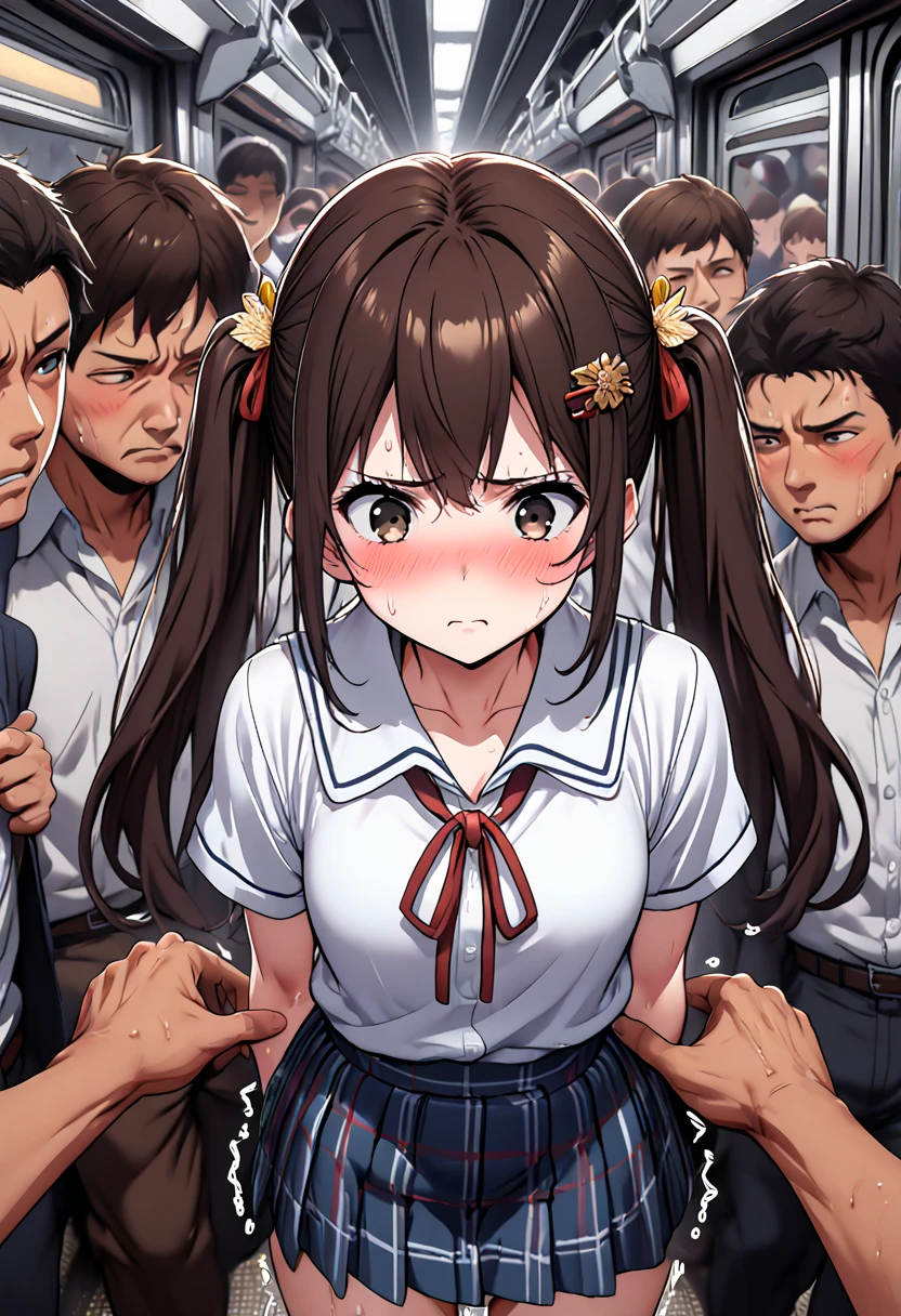 , japanese school girl,dark brown hair,twintail,hair pin, at train ,perfect body,easy-going face,White shirt blouse,sweaty, plaid skirt,trouble,(ass grab), twin tail, blush、molested, anatomically correct, Japanese sound effects, grab her ass or breats, Crowded trains, heavy crowds, blushing, disgust, Anatomically correct depiction of details, can't move in the crowd, one scene, Convulsions, trembling, school bag,  Angle of view looking down from above, All around me are men,one cut,molested by front,wear a pantie,