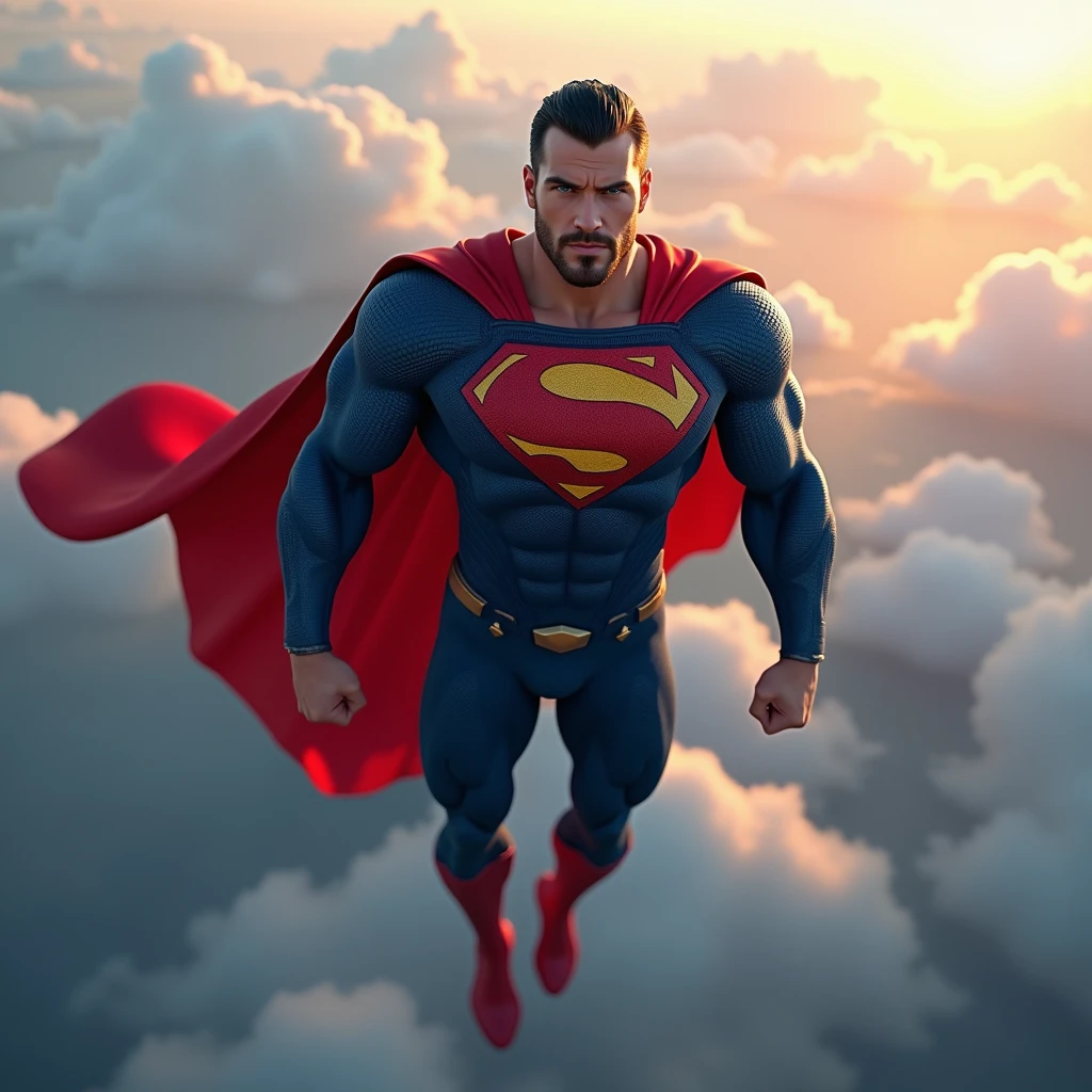  A muscular attractive c3v4n4 with an undercut haircut combed back, short beard, strong physique, muscular thighs, A powerful superhero, muscular young male figure, short beard, intense gaze, flying through the sky, The costume is a deep blue with a prominent red and yellow 'S' logo on the chest, and a red cape draped over his shoulders, cinematic lighting, dramatic shadows, vibrant colors, hyper-detailed, photorealistic, seamless 3D rendering, cinematic composition, heroic, epic, awe-inspiring