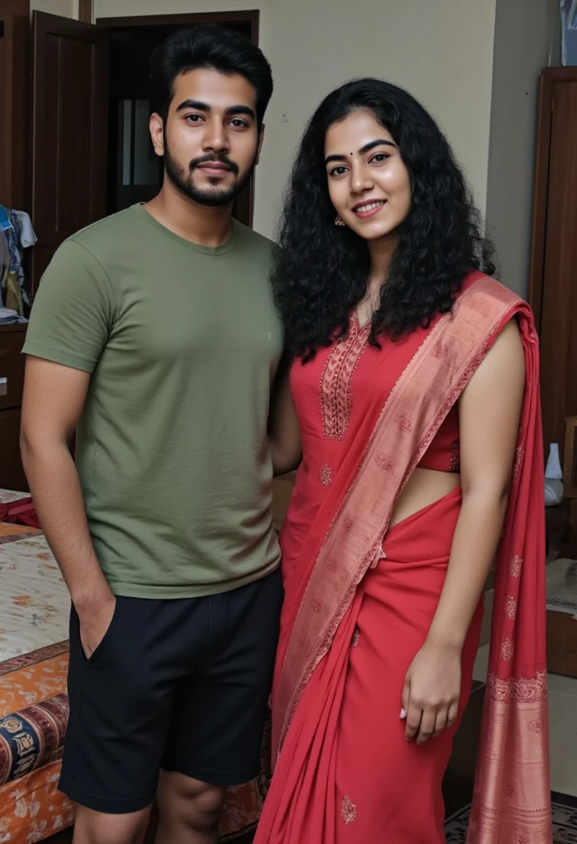  Photo of Kerala straight mallu couple.female with fair Indian skin tone and black long hair.curvy chubby body figure. Wearing red printed sleeveless kurtis and male wearing green tshirt and black shorts in kerala bedroom.. Full size photo. Detailed photo. Realistic photo. Photo taken in nikon camera.face looking straight.