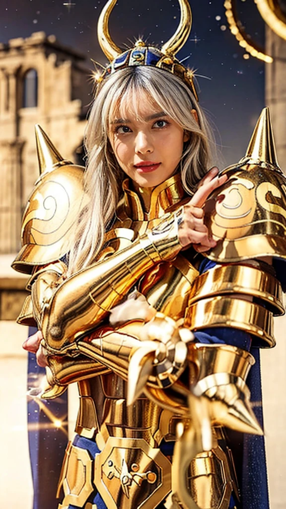 (( 1 woman )))  beautiful 女性,  ultra-realistic photo shoot with cutting-edge details, Greek ruins in the background. ( shiny shiny golden metal armor), Saint Seiya Armor, (((Cancer Armor))),   beautiful,  blue eyes,  tanned skin, Every detail,  beautiful face with details, walking at the  ancient Greek ,  ancient Greek ,  super high resolution , 8k,  Milky Way, Night Sky, ((Wear a golden horned helmet)), Sexy Armor , (Light grey colored hair ),((crossed arms )),(Spike Shoulder Armor ),(( Zoom Up ))