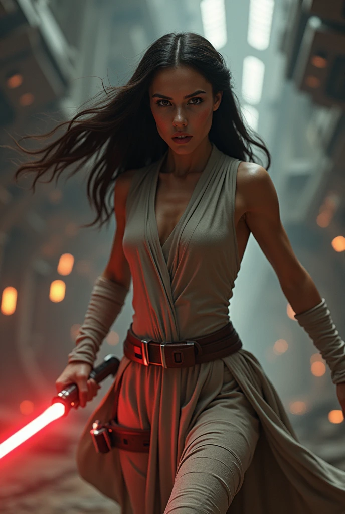 Padme Amidala, in fighting pose, holding a lightsaber, wears a jedi clothes, cleavege, mid shot, voluptuous legs,  belly is exposed, top, in a street of a futuristic city,  an explosion is in the back, tie fighter are flying in the sky, at night, barefoot, stormtropper is near