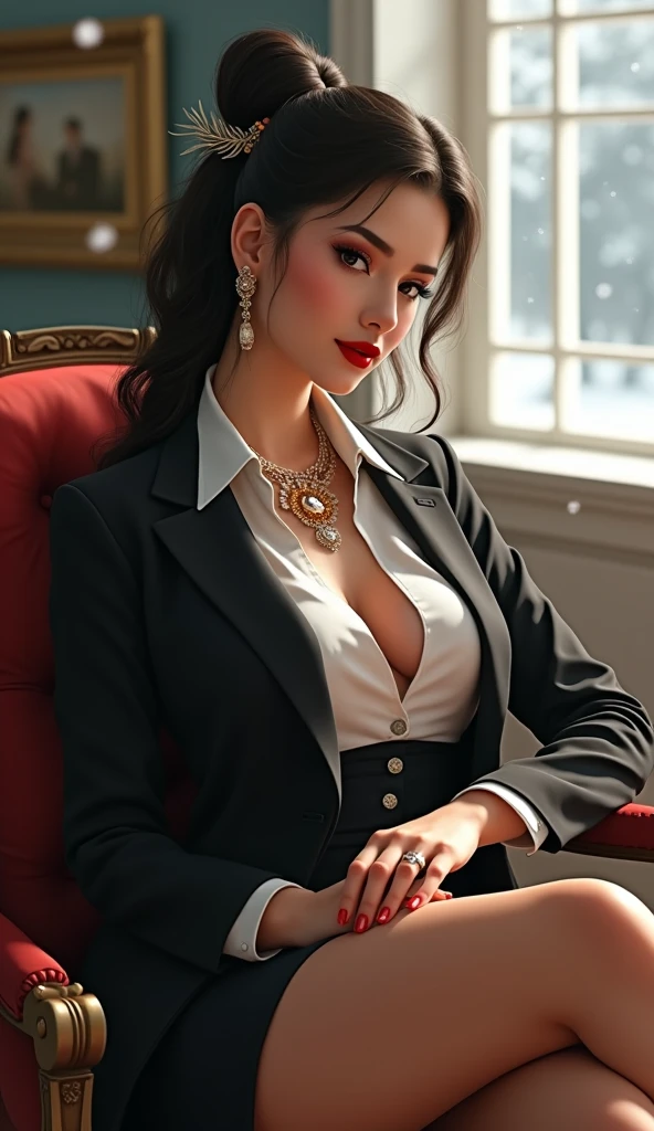 ((The evil, seductive smile of a sexy)), villainous MILF boss wearing a low-cut blouse and suit