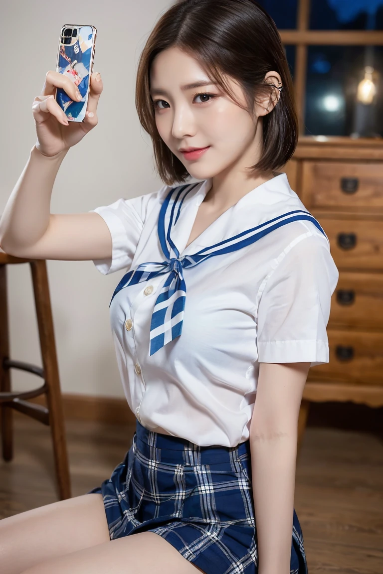 (A stunning Japanese-Korean lady, at night, alluring pose sitting on a wooden stool, wearing a traditional Serafuku, Seifuku, tight white shirt, white blouse button-down, translucent short-sleeve, navy-blue plaid skirt, blue form-fitting pleated skirt, red ribbon bow tie, sailor collar, youthful charms, smooth complexion, beautiful detailed face, beautiful detailed eyes and lips, long eyelashes, slender figure, perfect body proportion, friendly expression, snaggletooth, cute dimples, kind smile, short straight hair, side ponytail, Bob, Curved in Blunt Bob, Asymmetrical Bob, confident & poised demeanor, Looking at viewer, 

Blurred background, Bokeh effect, ultra-detailed,
(best quality, 4k, 8k, high-resolution), 
(masterpiece:1.28), award-winning,
(realistic, photorealistic, photo-realistic:1.37),
HDR, UHD, studio lighting, ultra-fine painting,
sharp focus, physically-based rendering, extreme detail description, professional photography, vivid colors, SFW, Safe for Work, Cowboy Shot, Close-up Shot, High Angle Shot, Selfie, Selca, from side)