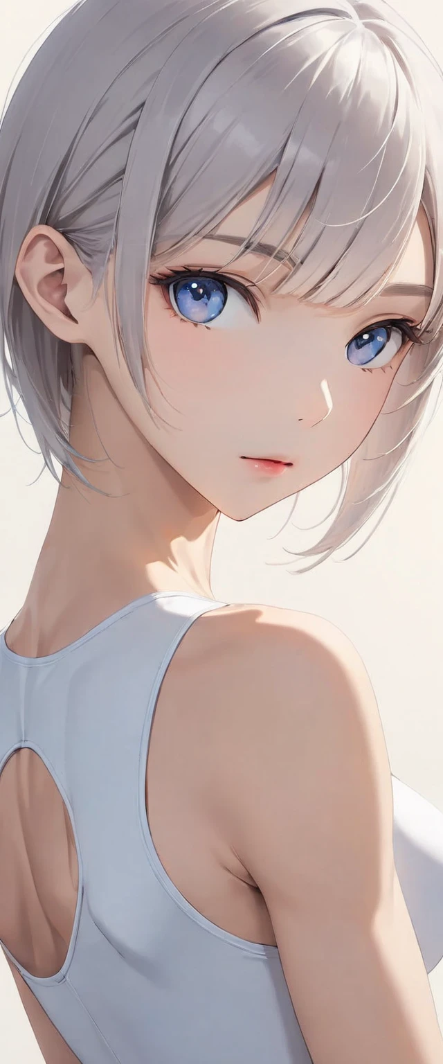 short, tousled light gray hair with a faint bluish tint, sleek and casual hairstyle with soft layers, (boyish and androgynous charm:1.5), calm and introspective young woman, symmetrical short front bangs (adjusted:1.5), clean and neat side (no long side bangs:1.5), layered long nape, crisp details, clear center part, low hair volume (natural:1.3), side undercut (minimal:1.2), short and clean back hair (enhanced:1.2), beautiful detailed face and smaller eyes (slightly reduced:0.6), pink lips (subtle:0.3), 2D anime style (2D anime style:1.3), sharp line art, flat shading, clean outlines, minimal texture, simple solid background, anime background, simple and elegant composition, cinematic lighting, minimal colors, perfect anatomy (perfect anatomy:1.3), (medium breasts:1.2), (Beautiful breasts:1.4), (tall, slender figure, proportions close to seven and a half heads tall:1.3), slim figure, long legs, (fit and toned legs:1.3), narrow waist, slim figure, slim thighs, fit and toned legs, slender hips, (beauty legs:1.1), nice hands, perfect hand, (Beautiful body:1.3), face shot angle (head and shoulders focus:1.5), natural posing, relaxed expression, serene and gentle smile, symmetrical hairstyle, (Long lashes:1.3), Well-Defined Facial Features, (competition swimsuit:1.3)