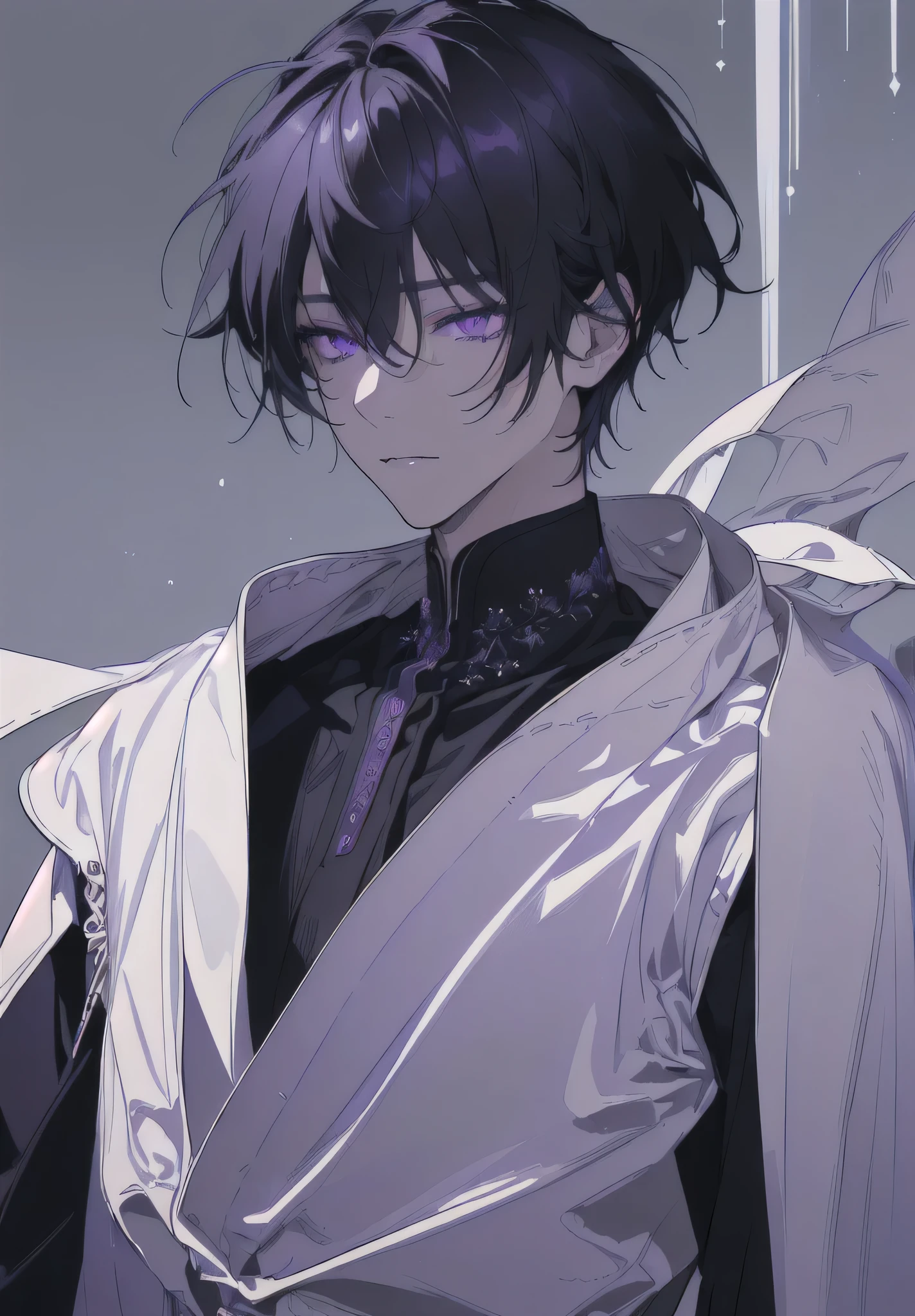 (Masterpiece:1.2, high quality), ultra-detailed,finely detail,photorealistic,solo,1man,fantasy,purple eyes,greyskin,dark hair,short cut,blackhair,darkskin, robe, droopy eyes, Relaxed expression, without eye light,snow background,dazed