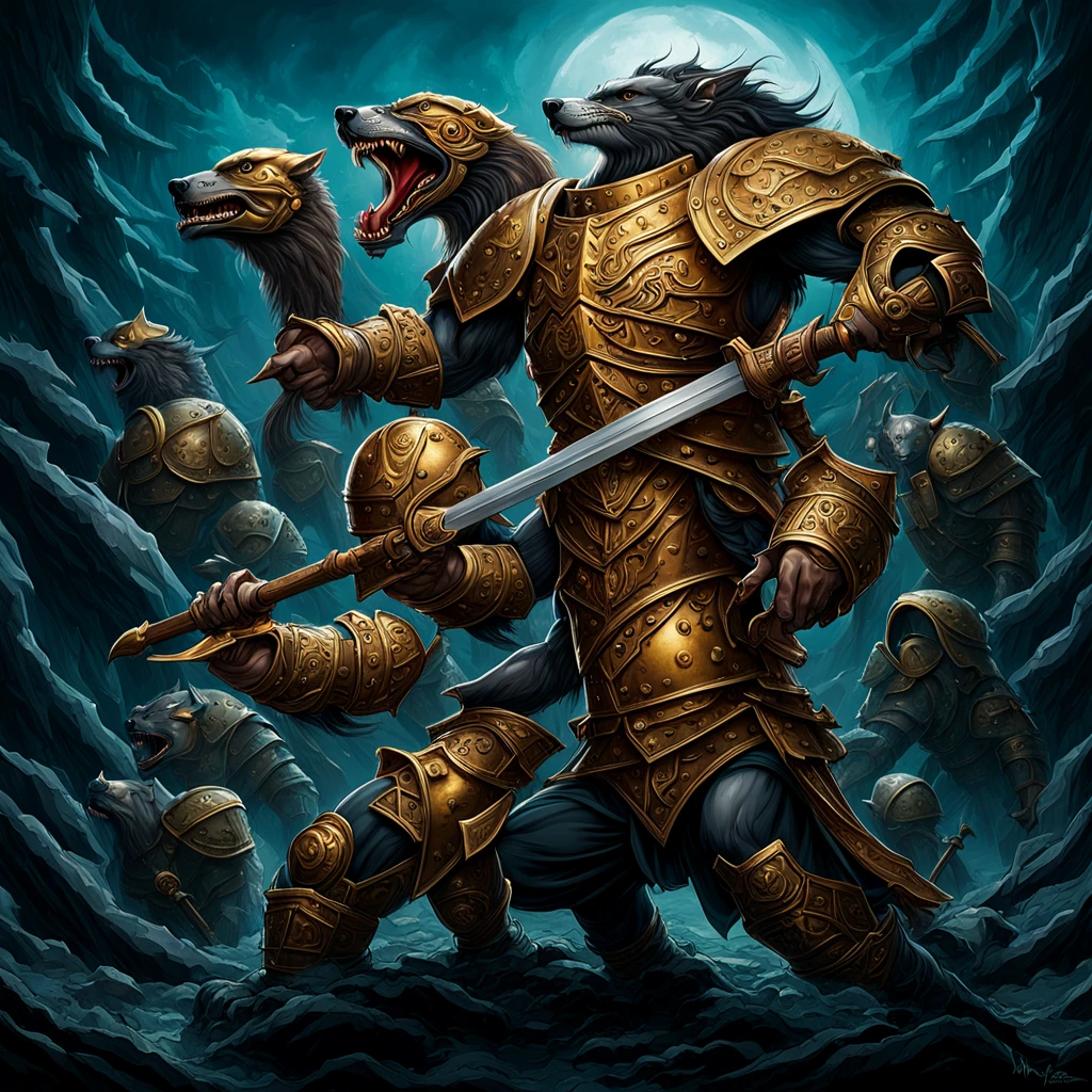 a breathtaking, highly detailed, and vivid illustration of a titanic struggle between a majestic armored beaver, donning intricately etched plate armor with a golden beaver emblem on its chest, grasping a sturdy, ornate battle double axe with an emerald-green shaft, and a formidable great armored wolf, clad in dark iron armor adorned with crimson accents, jaws agape, revealing razor-sharp teeth, set against the majestic backdrop of a grand, medieval-style castle with towering spires, battlements, and a fortified stone wall, amidst a turbulent sky with thick, grey clouds and faint, golden sunlight peeking through the gaps, casting a warm glow on the intense, action-packed scene, rendered in ultra-high resolution, with bold lines, vibrant colors, and exquisite textures, evoking a sense of drama, intensity, and mythic grandeur.