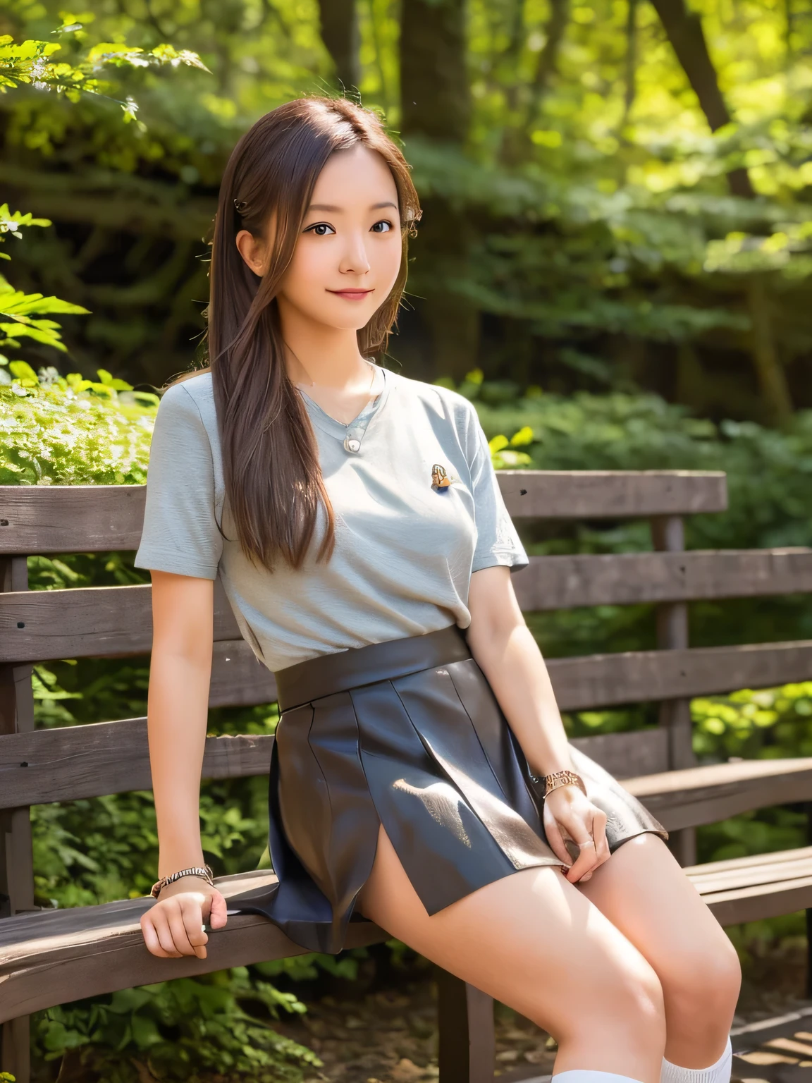 4K photo a young Asian woman is seated on a wooden bench in a forested area. She is dressed in a short-sleeved gray shirt and a gray skirt, adorned with a silver bracelet. Her long, dark brown hair is cascading down her shoulders, framing her face. She's wearing a pair of black leather boots with black laces and green socks. Her left hand is resting on the bench, adding a touch of balance to her body. The sun is shining through the trees in the background, creating a peaceful and serene atmosphere.