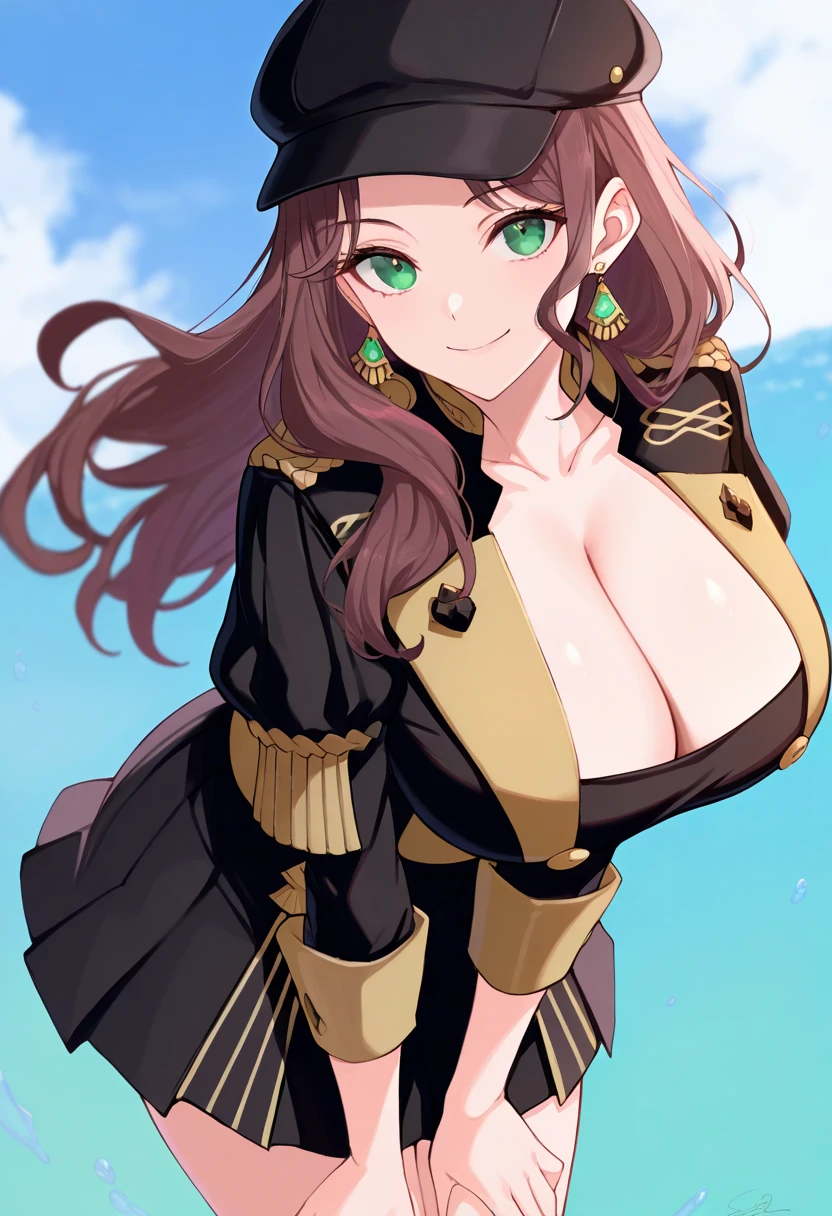 masterpiece, best quality, 1girl,  smile, big breasts,  black cabbie hat, black skirt, black uniform, brown hair, dangle earrings, gold trim, green eyes, jewelry, long hair, cleavage, collarbone, pleated skirt,hyperbreasts