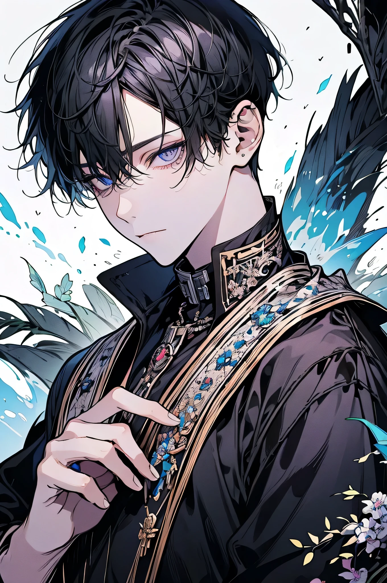 (Masterpiece:1.2, high quality), ultra-detailed,finely detail,photorealistic,solo,1man,Shiny black hair takes on a soft blue color when exposed to light, giving it a luxurious feel. Sharp eyes, blue and purple and so many white mix eyes, red under eyes, slightly drooping eyebrows, very white skin,relaxed impression,fantasy,shorthair,shortcut hair,right Leaf Cut hair,leafcut,rightParted bangs